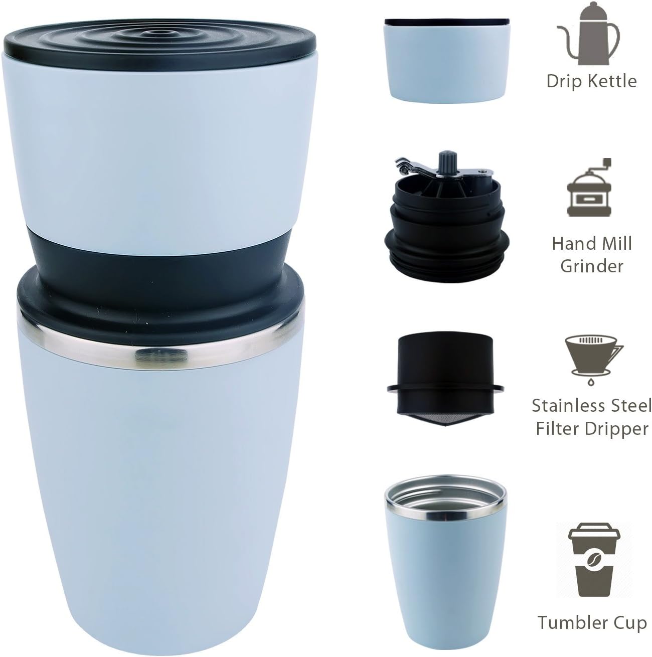 Kohi - All in One, Ultra Portable Manual Coffee Grinder and Portable Coffee Brewer with Vacuum Sealed Tumbler Cup (Blue)