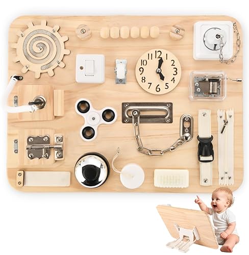 Wooden Busy Board for Toddlers - Montessori Sensory Activity Board for Fine Motor Skills and Early Learning - Travel Toys for Kids - Sensory Toys for autism or ADHD - Ideal for Educational Gifts