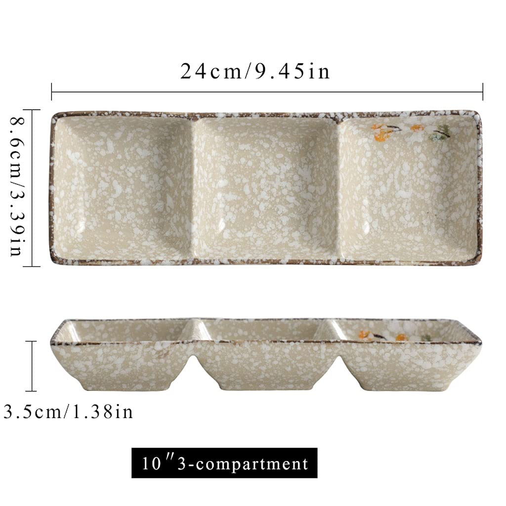 Soßenschale, Sojasoßenschale, Soßenschale aus Keramik, 3-Fach-Serviertablett für Vorspeisen, rechteckig, unterteilte Dip-Schalen für Sushi, Ketchup, Dessert, Vorspeise, Würzschalen, Dip (9,45 x 3,39