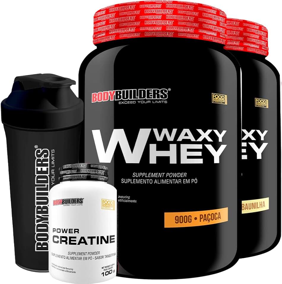 Kit 2x Whey Protein Waxy Whey 900g + Power Creatina 100g + Coqueteleira - Bodybuilders (Baunilha e Paçoca)
