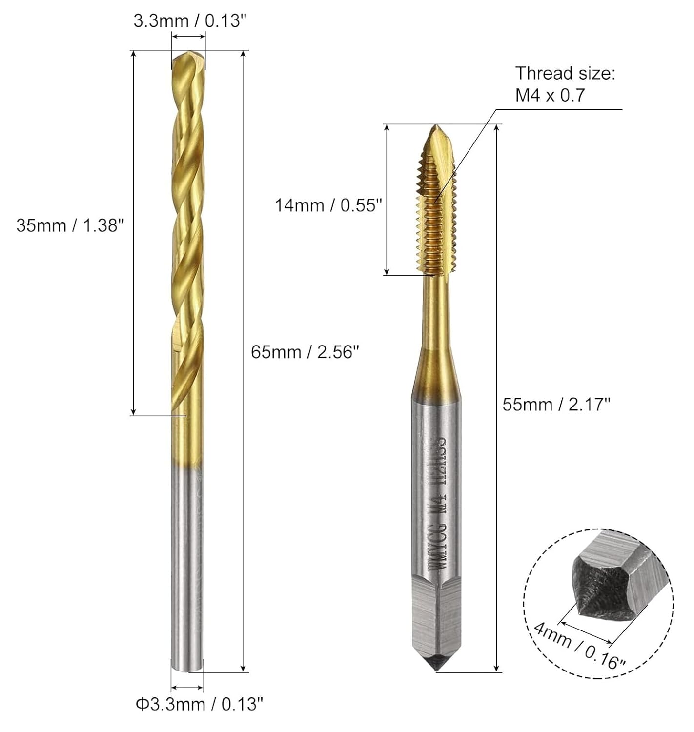 Metric Tap & Drill Bit Set, Spiral Point Thread Tap & Twist Drill Combo, Titanium-Coated Taps + Roasted Yellow Drill Bits for Metal Wood Plastic, M2/M2.5/M3/M4 Sizes (M4*0.7)