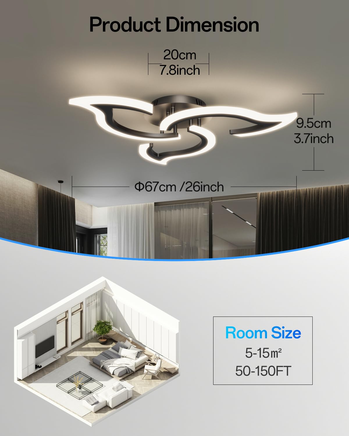 Lámpara de Techo LED Inteligente WiFi, Diseño Moderno en Forma de Flor (67cm), Luz Regulable en Intensidad y Color (3000K-6500K), Compatible con Alexa y Google Home, con Mando, Negro