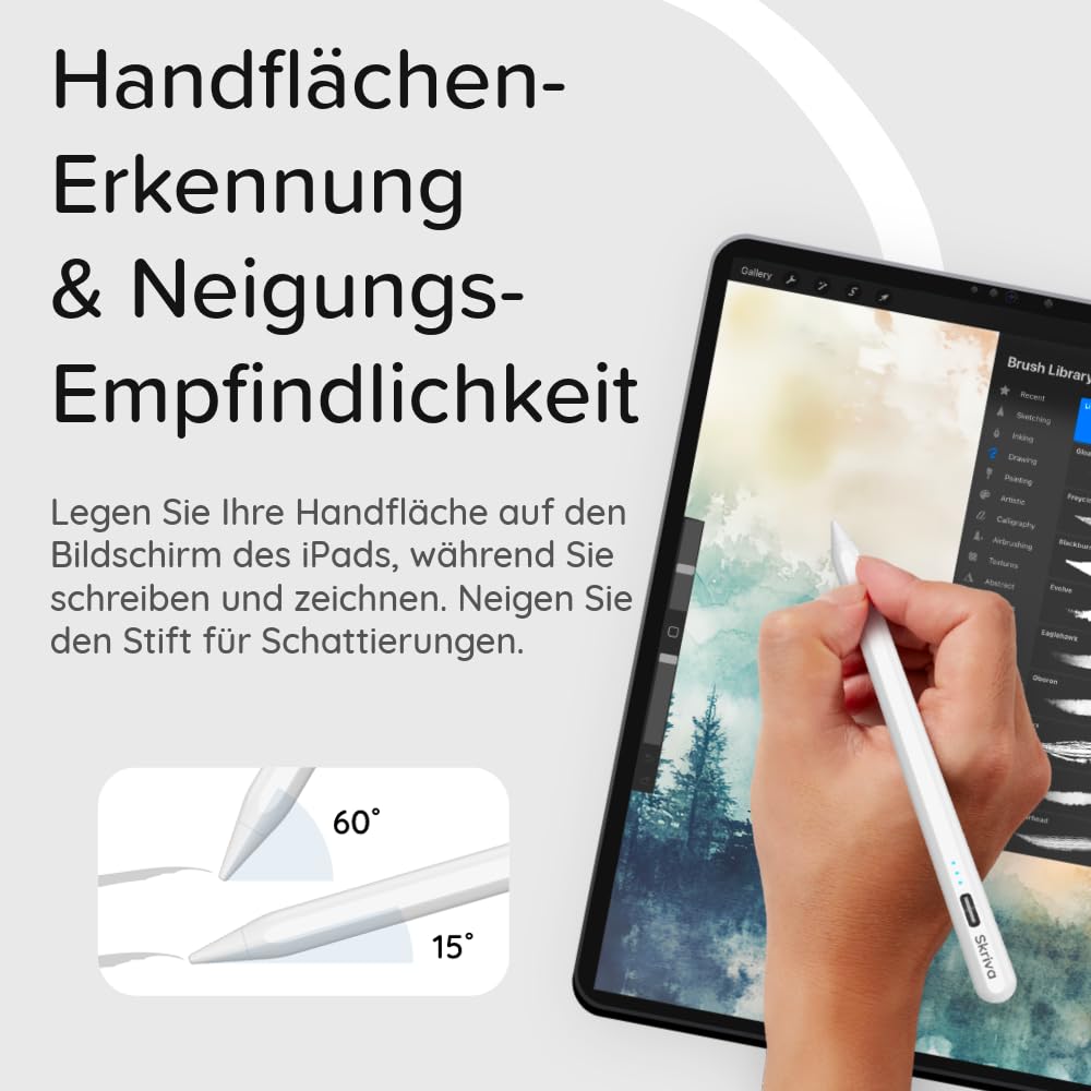 Stylus für iPad (ab 2018) mit Shortcut-Taste, Neigungserkennung & Handballenerkennung, magnetisch, USB-C Schnellladung, Batterieanzeige, Case & Ersatzspitzen