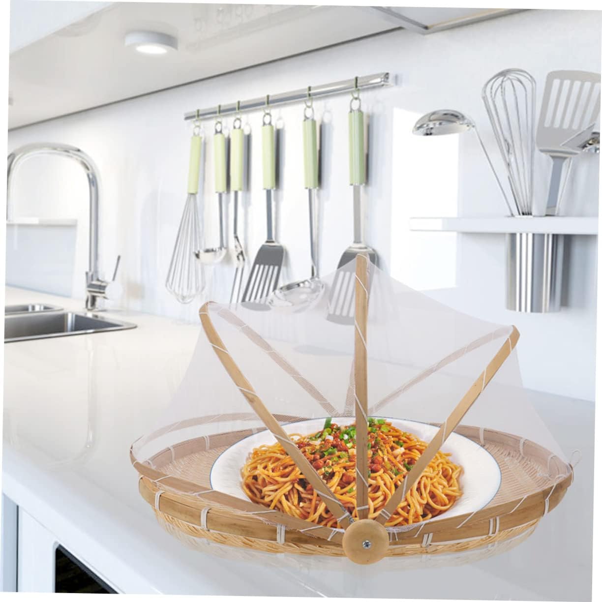Ciieeo Bamboo Tray Mesh Cover Round Storage Basket for Food Woven Decor Serving Tray Handles