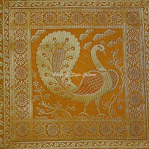 Image of Decorative Brocade Cushion Covers 16x16 Inch Banarasi Jacquard Weave Mustard Yellow & Gold Home Decor Peacock Traditional Square 40x40 cm Zippered Sofa Settee Pillowcases -Set of 2 Pcs