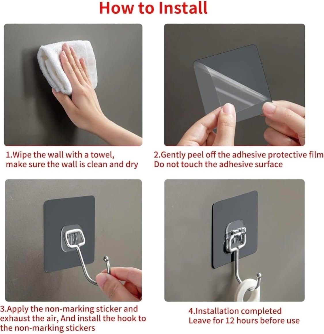 Self Adhesive Wall Hooks, Black, Waterproof Moisture Resistant, No Drill, for Bathroom Kitchen Bedroom 6 Pieces