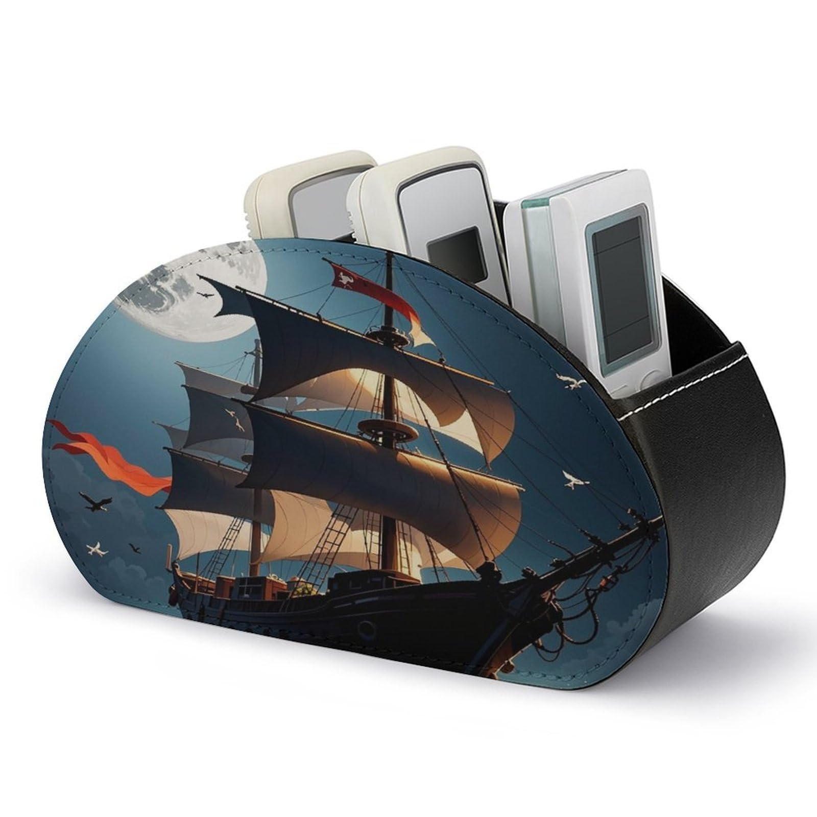 FekiLoot Leather TV Remote Control Holder with 5 Compartments Multifunctional TV Remote Holder Bedside Table Remote Caddy Storage Box Pirate Sailboat Full Moon Remote Organizer for Home Office