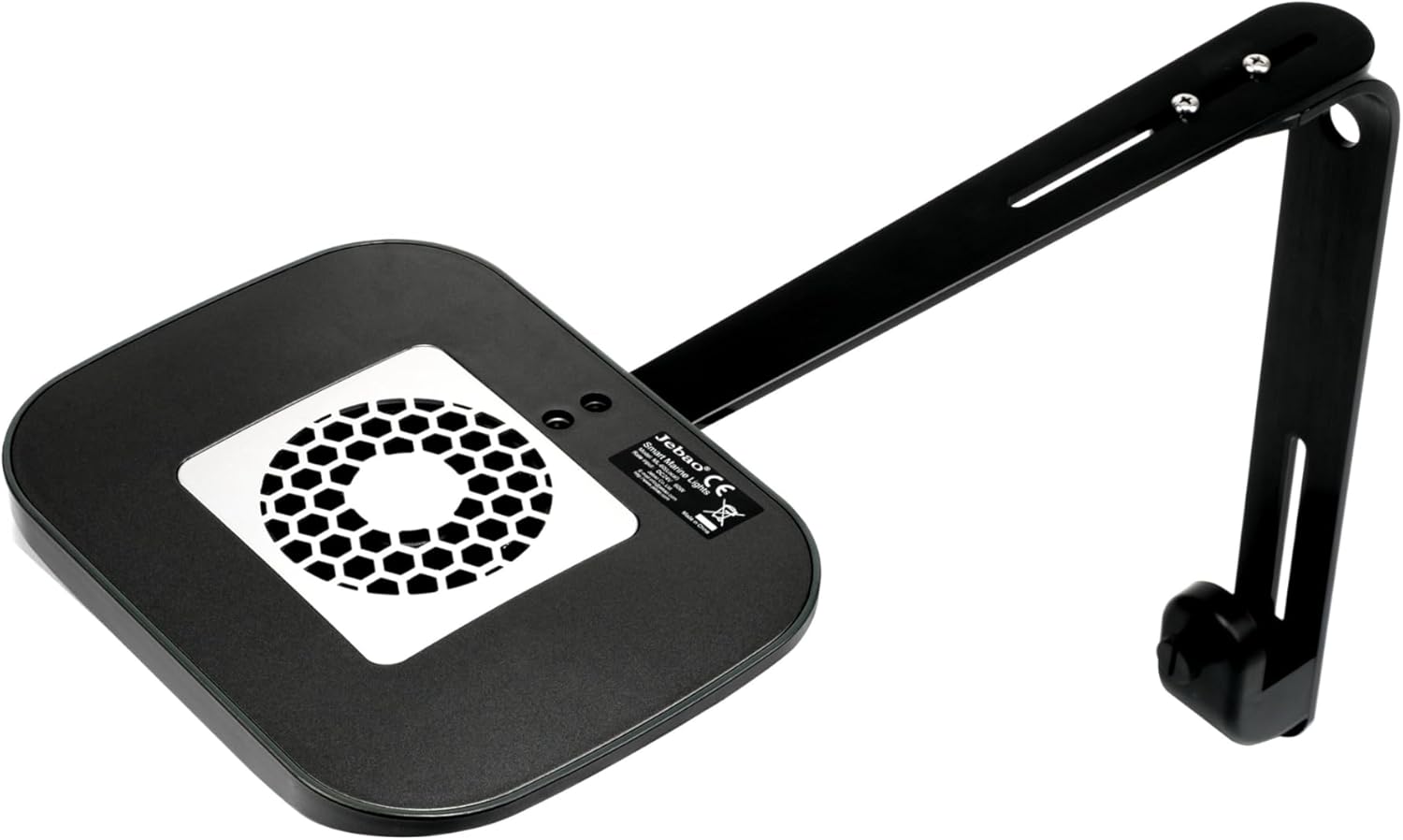 N'akuku view of the Jebao ML-60 LED light with its mounting arm, showing the light's top surface and fan.