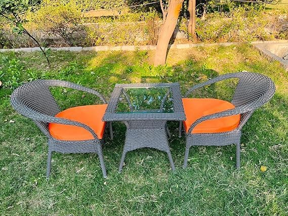 Designer Garden/Balcony/Terrace/Coffee/Poolside Patio Wicker Seating Chair and Table Set Outdoor Furniture (D-8 Black STR, 2 Chair 1 Table)(Orange)