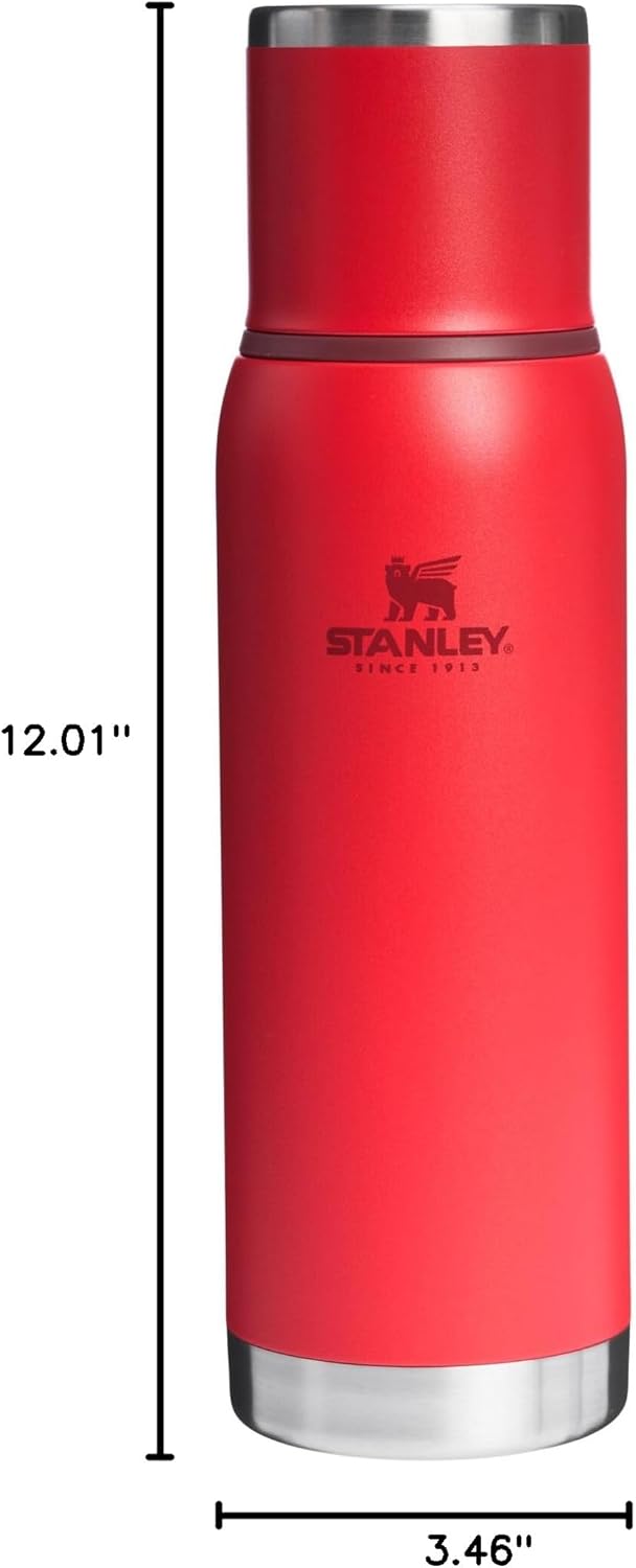 Stanley Adventure-To-Go Vacuum Bottle 1.1 qt | Wide Mouth with Leakproof Cup Lid | Keep Drinks Hot or Cold | Packable for Travel | Insulated Stainless Steel Thermal Bottle | BPA-Free | Chili Red