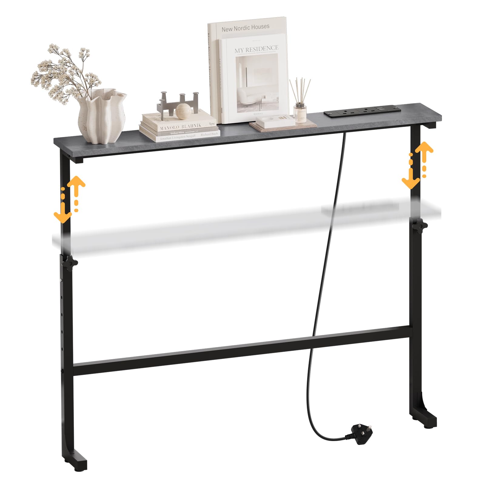 Luxstein Slim Console Table, 100cm Height Adjustable Behind Sofa Table with Charging Station for Hallway, Entryway, Living Room, Grey