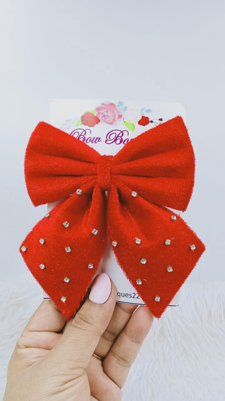 Bow Boutiques Fabric Tail hair bow for kids.(Velvet Hair Bow) (Red)