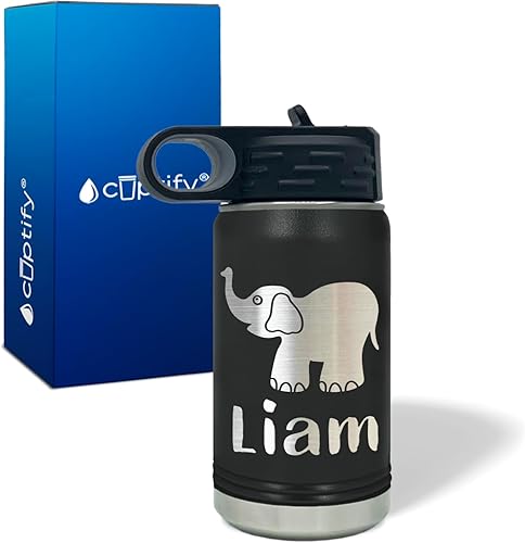 Miniatura 2 de Botella de agua para niños personalizada con nombre en botella de agua aislada con anillo negro mate de 12 onzas