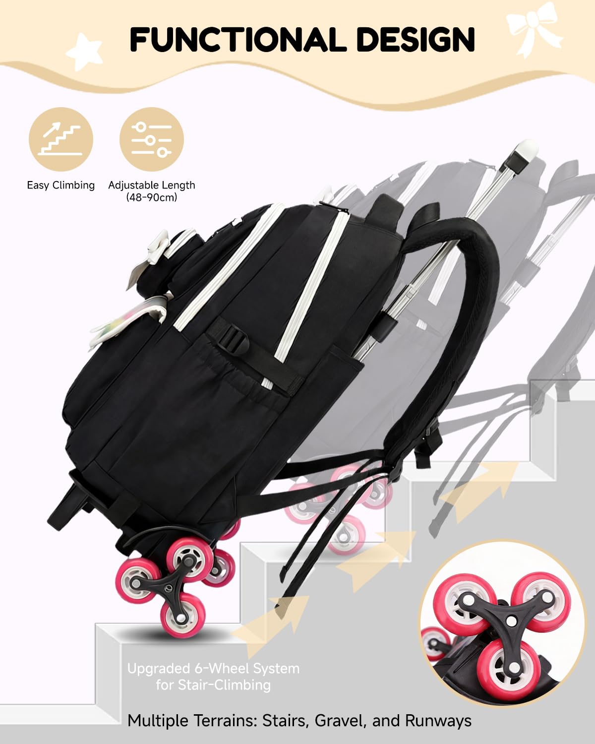 Amythe Mochila con Ruedas para Niña 10-18 Años, 6 Ruedas, Blanco | Mochila Carrito Adolescentes para Instituto y Colegio - Trolley Escolar Extraíble – Gran Capacidad para Ordenador 15.6"