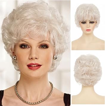 White Short Curly Wigs for Women Fluffy Natural Looking Old Lady Hair Wig Heat Resistant Fiber Daily Cosplay Wig
