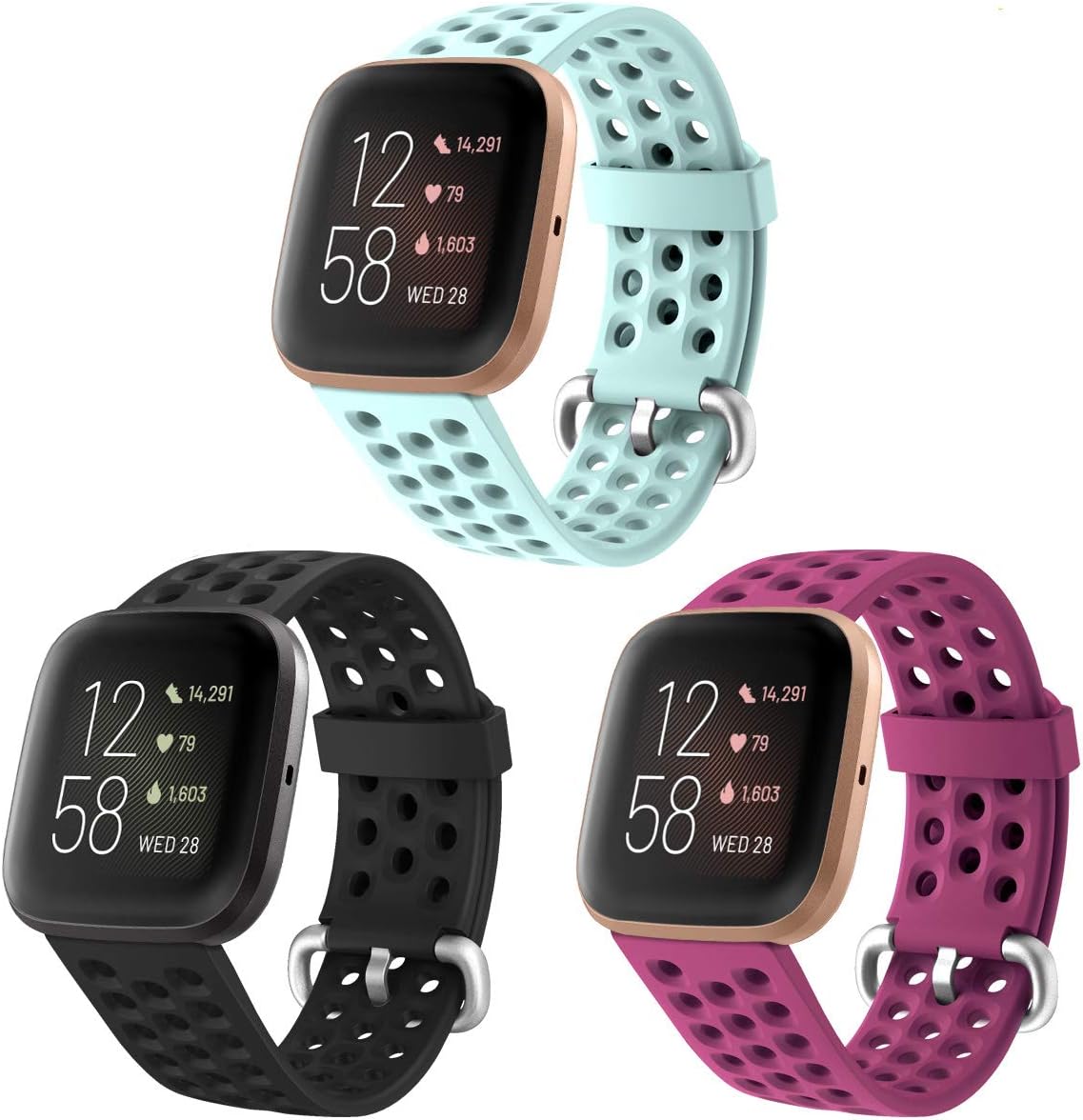 NANW 3-Pack Sport Bands Compatible with Fitbit Versa 2/Versa Lite/Versa for Women Men, Soft Waterproof Silicone Strap Replacement Wristband with Air Holes for Versa 2 Smartwatch