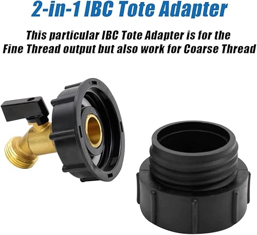 Miniatura 3 de KAKSEY IBC Tote Fittings, adaptador de tanque IBC de 2 pulgadas, rosca fina (NPT adaptador fino x rosca gruesa) + válvula de grifo de manguera de