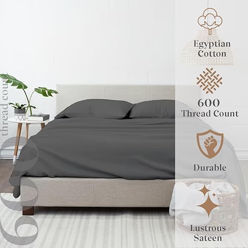 Miniatura 2 de Juego de sábanas de 100 % algodón egipcio, sábanas refrescantes de 600 hilos para cama tamaño Queen, suaves y acogedoras, tejido satinado, algodón