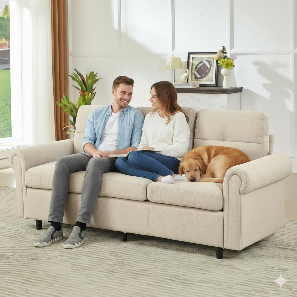 81.1" 3-Seater Fabric Sofa, Modern Living Room Couch with Rolled Arms and Stitch-Tufted Cushions, Comfortable Upholstered Sofa for Home or Apartment (White, 3 Seater)