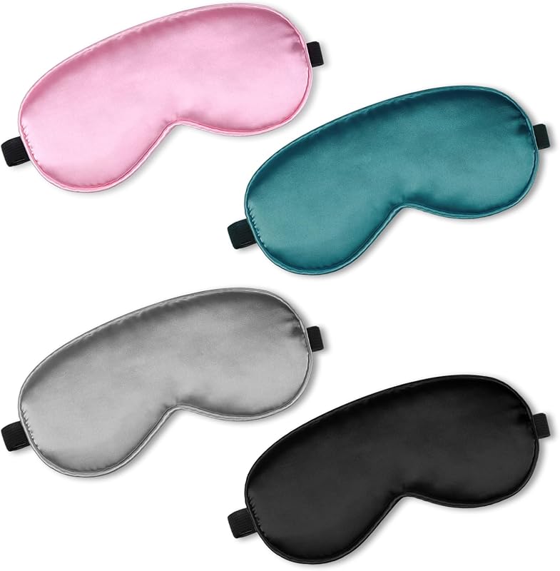BBTO 4 Pcs Silk Sleep Eye Masks Smooth Soft Satin Eye Covers with Adjustable Strap Blindfold for Sleeping Blocking Out Lights Travel Relaxation(Black, Navy Blue, Dark Green, Gray)