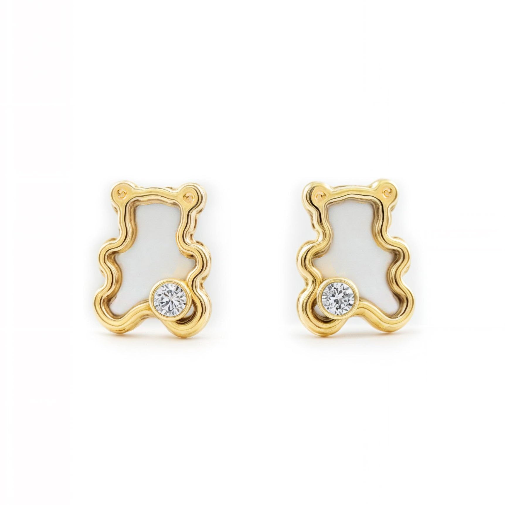 Pendientes Oro Bebe o Niña oso fondo nacar y circon (9kts) - Estuche Regalo - Certificado de Garantía - Mondepetit