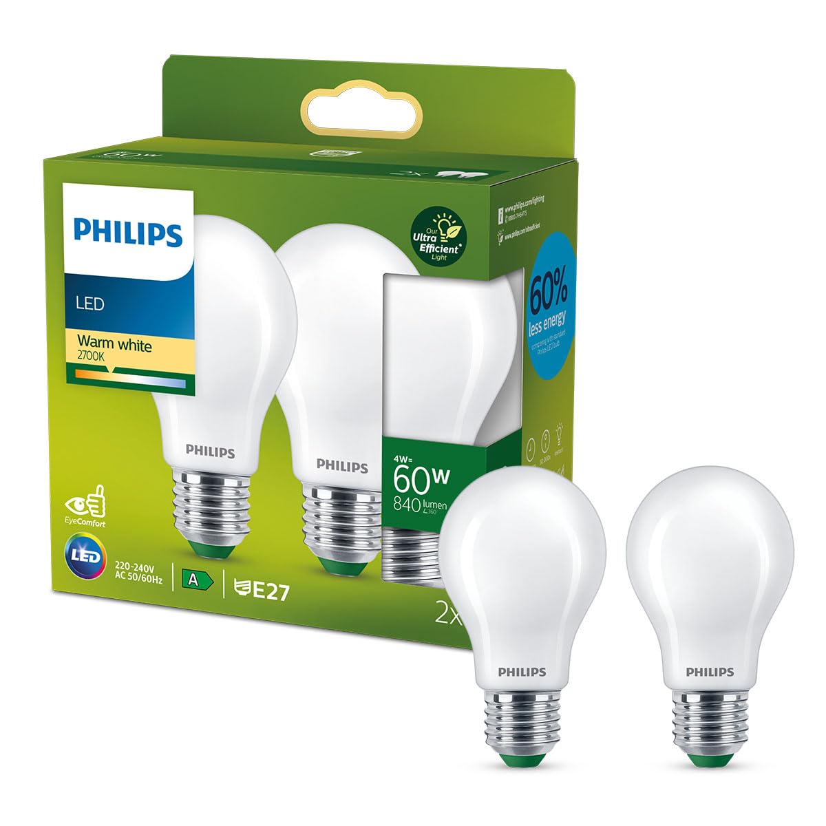PHILIPS Ultra Efficient - Ultra Energy Saving Lights, LED Light Source, 60W, E27, A60, Frosted Glass, Warm White Light, 2700 Kelvin, Non dimmable, 2-Pack