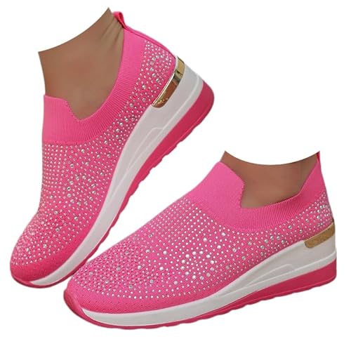 Women's Fashion Glitter Rhinestone Decor Platform Wedge Sneakers Breathable Mesh Sparkly Orthopedic Wedge for Women (rose red,26