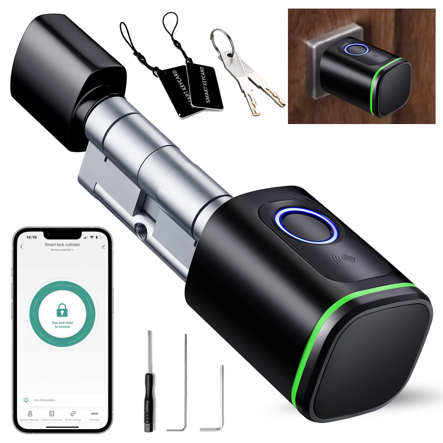 Smart Serrure de porte électronique 60 mm (30/30) avec empreinte digitale, 2 clés, carte IC