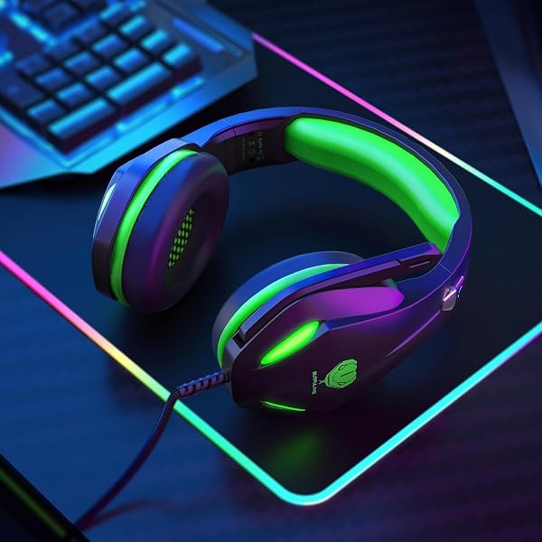 Gaming Headset with Microphone for Xbox PS5 PS4 PC - 3.5mm Jack Wired Headphones with Noise Cancelling Mic & LED - 50mm Audio Drivers & Soft Earpads Black Green - 5