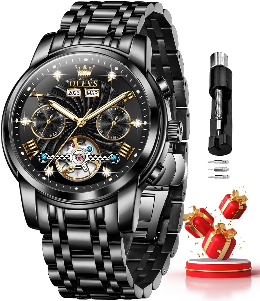 OLEVS Automatic Watches for Men Business Dress Mechanical Watch Stainless Steel Waterproof Self Winding Classic Date Luxury Diamond Skeleton Men Wristwatch