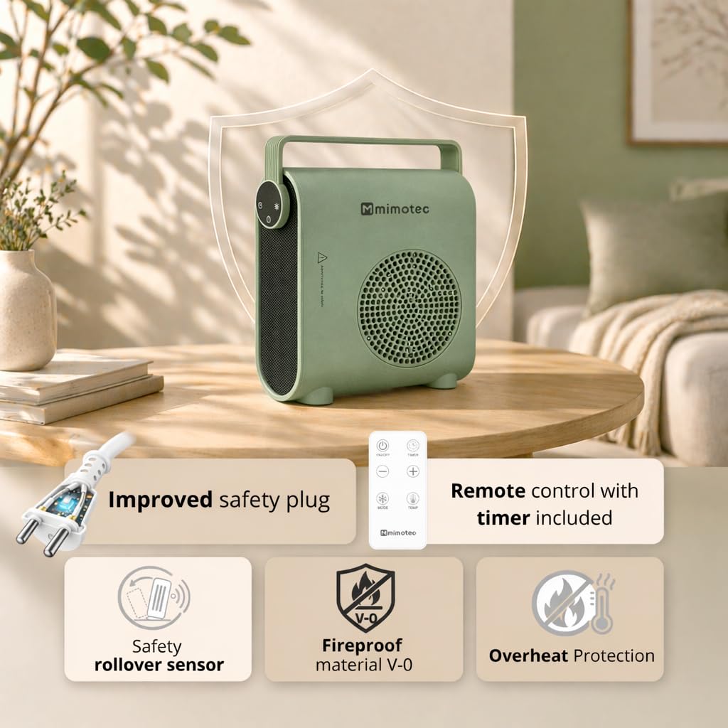 M Mimotec Grzejnik ceramiczny Green Hearth 2000 W, 3 tryby (wentylator/niski/wysoki), regulowany termostat, cichy <60 dB, z pilotem, timerem i zabezpieczeniem przed przewróceniem