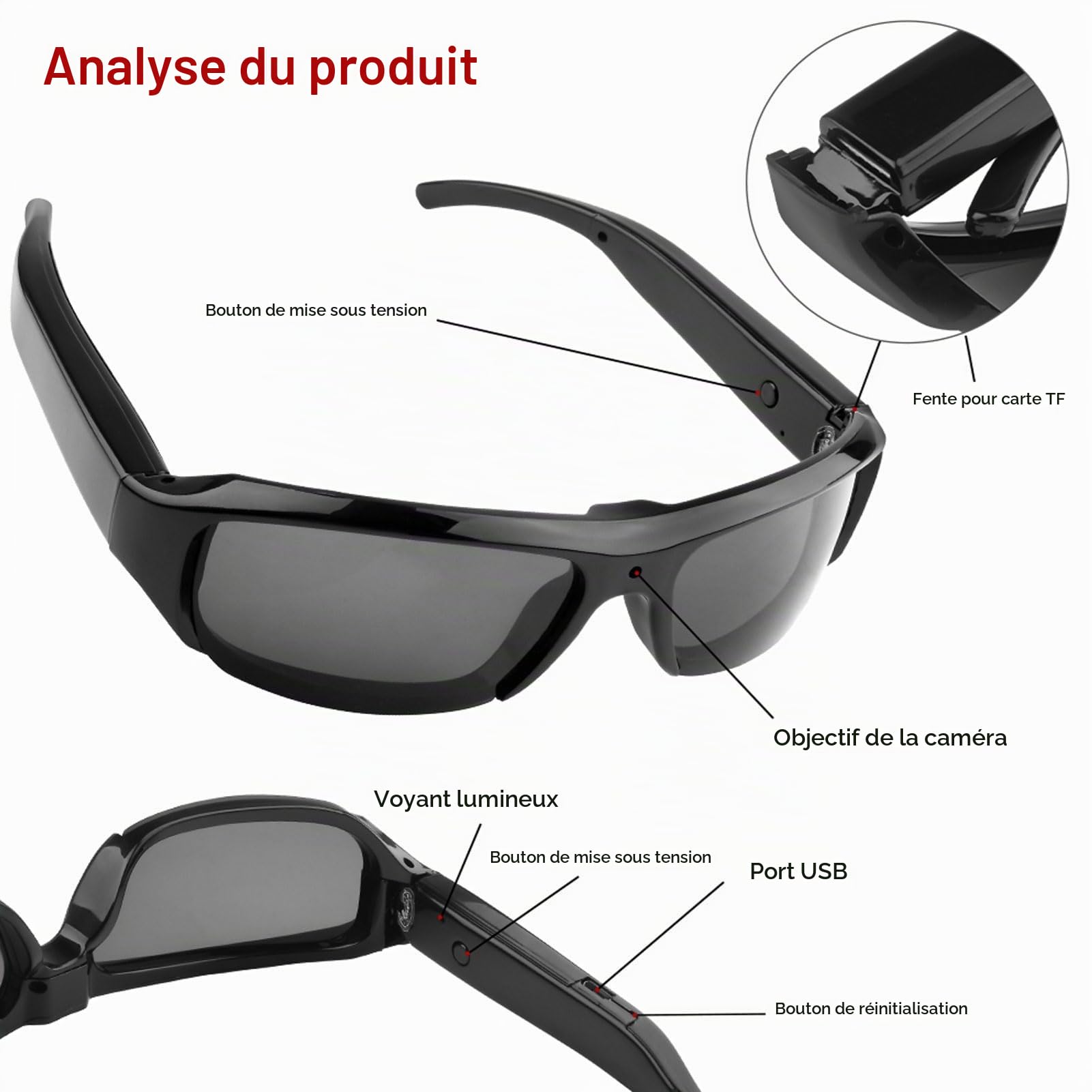 Fockety Lunettes de Soleil de Caméra 1080p, Anti-Angle de L'objectif Grand Angle Sports Lunets de Caméra avec Photo en Un Seul Double