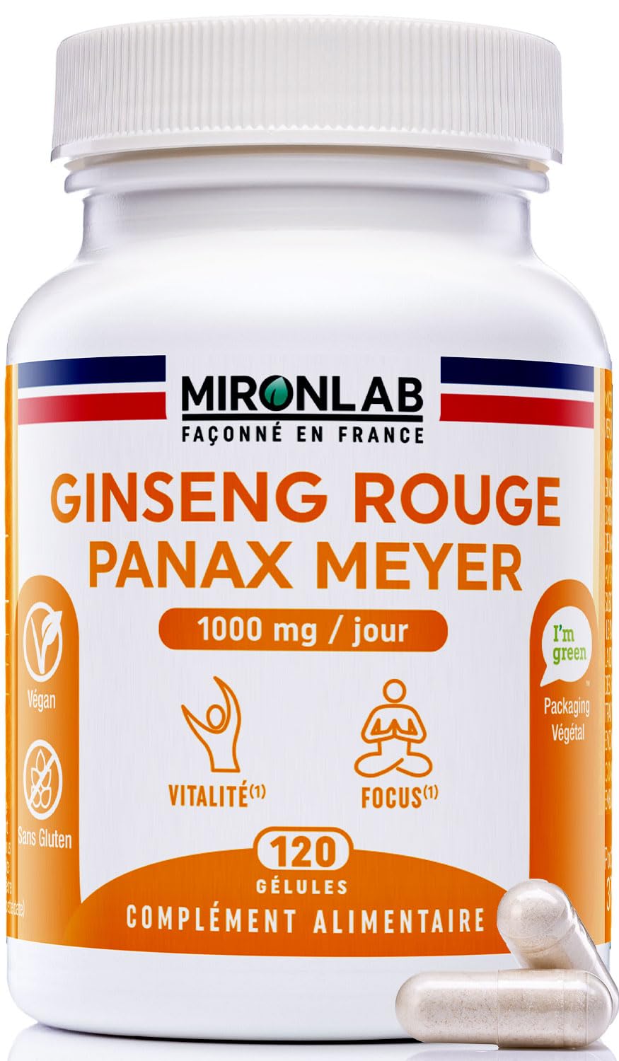 Ginseng Rouge de Corée - Racine - Haut Dosage 1000mg - Ginsénosides 12.5mg - 120 Gélules / 2 Mois - Extrait Naturel Panax Meyer - Anti Stress & Booster d’Energie - Laboratoire Français MIRONLAB
