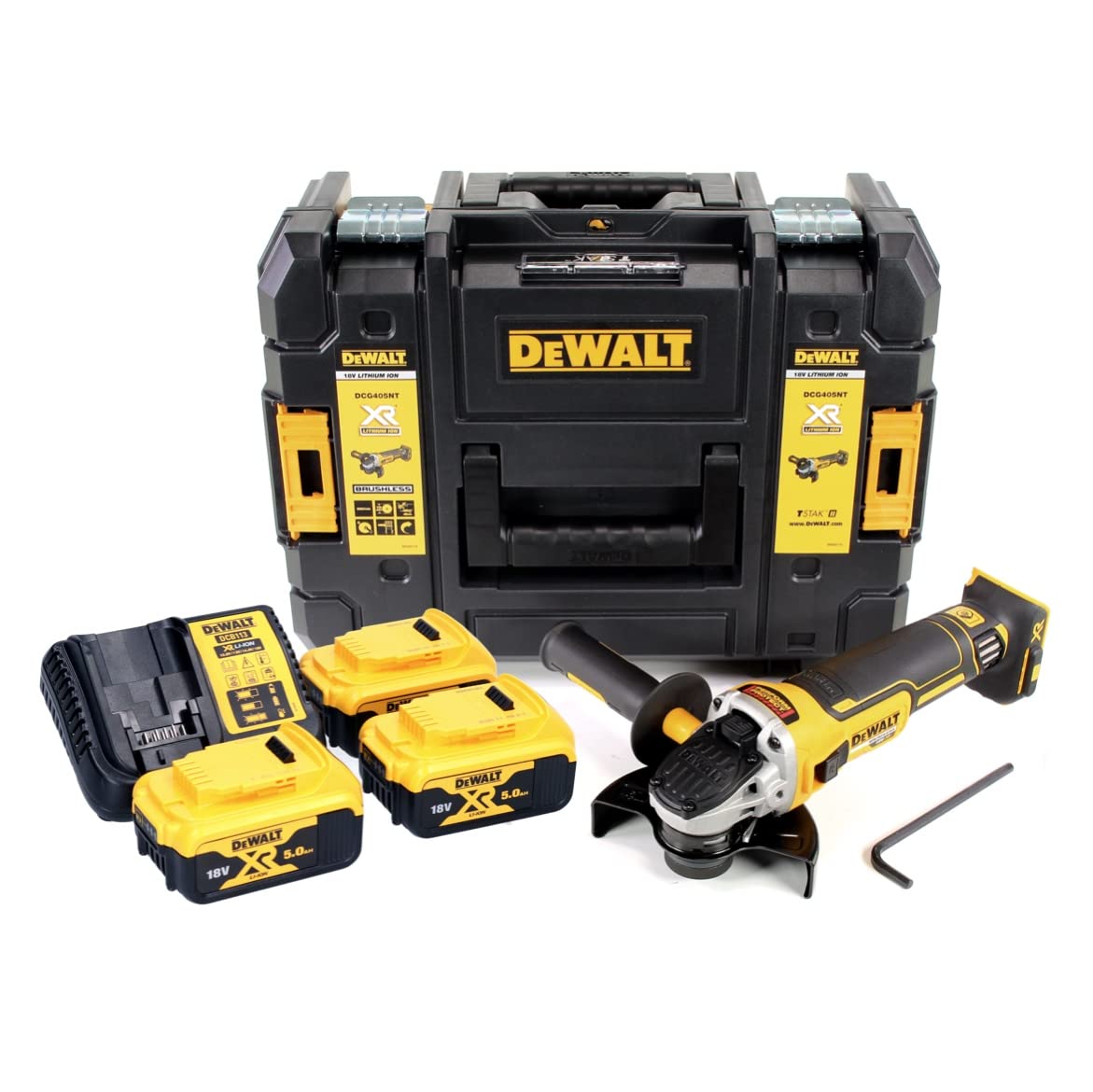 DEWALT DCG405P3-QW - Smerigliatrice 125 mm a batteria 18V 3 batterie 5.0 Ah Caricabatterie e valigetta TStak