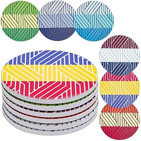 ENKORE Drink Coasters Set of 6 Tri Color Mix Absorbent Ceramics, 4.3 inch X Large Mat with Cork Back Pad, Furniture Protection for Any table type, Wood, Glass, Granite Marble Stone Tabletop, NO Holder Cover