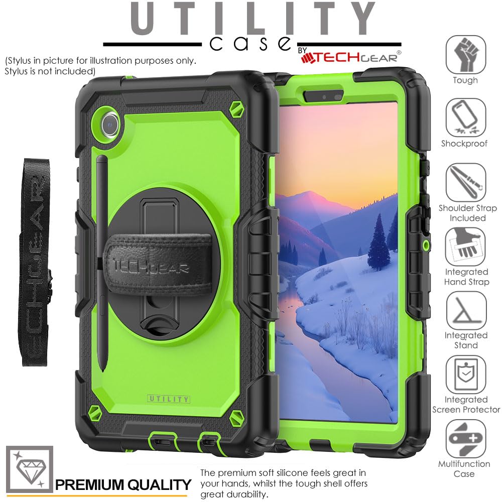 TECHGEAR UTILITY Etui pasuje do Samsung Galaxy Tab A9 22.1 cm (SM-X110 / SM-X115), wytrzymałe, wytrzymałe etui odporne na wstrząsy, z obrotowym stojakiem 360, paskiem na rękę i paskiem na ramię,