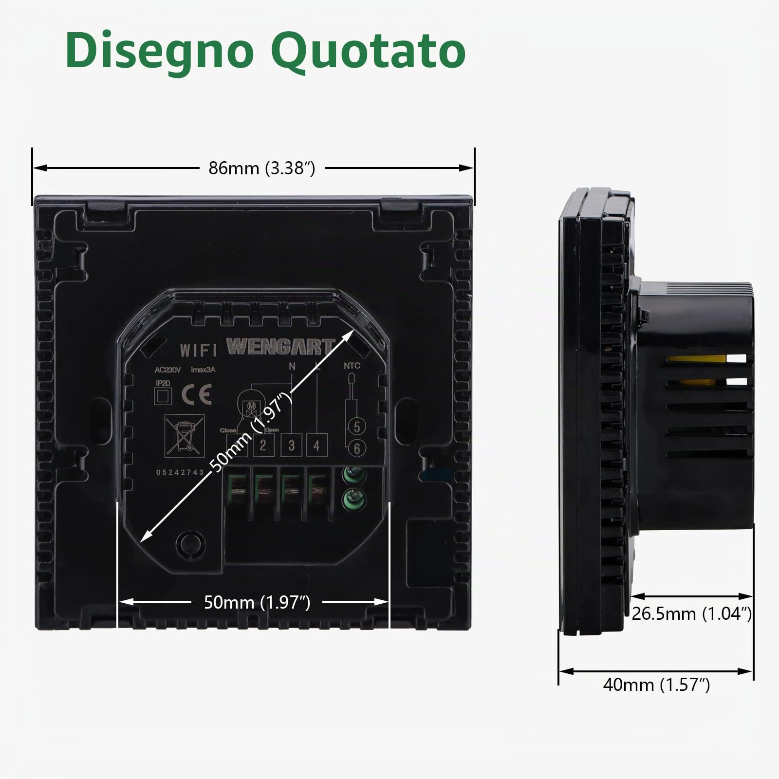 Wengart Termostato Smart WiFi per Riscaldamento a Pavimento ad Acqua, Display TFT a Colori da 2.4", 3A 230V, 6 Lingue (Italiano Incl.), Compatibile con Alexa e Google Home, App Tuya, Nero, WG380
