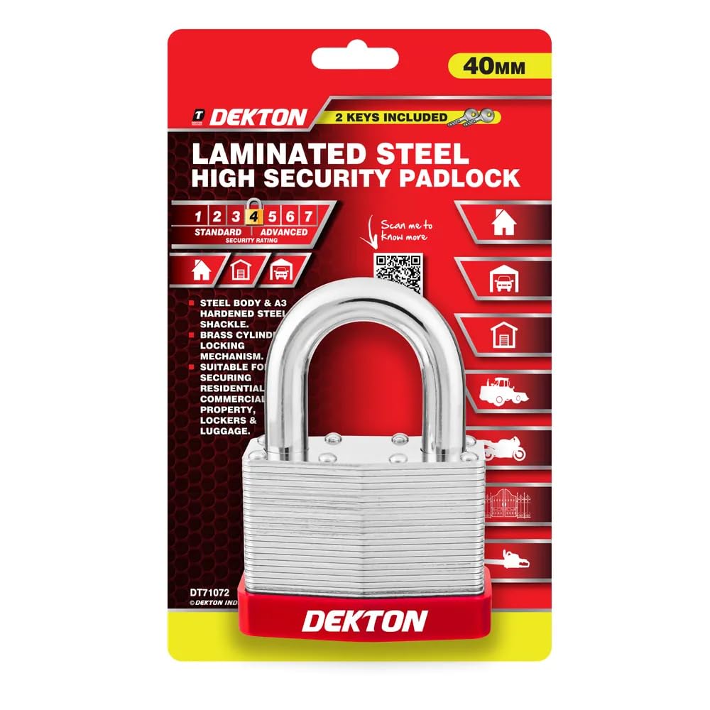 DEKTON 40mm Heavy Duty High Security Padlock, Laminated Steel Lock with Hardened Steel Shackle, 2 Keys for Sheds, Garages, Gates, Lockers & Commercial Property