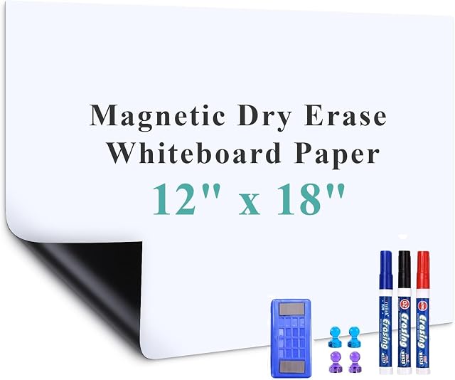 Warasee Whiteboard Paper, 45 * 30cm Magnetic Self Adhesive Dry Erase White Board Wall Stickers, Stick on Whiteboard Roll, for School/Home/Office, Include Dry Wipe Pens, Eraser, Magnets