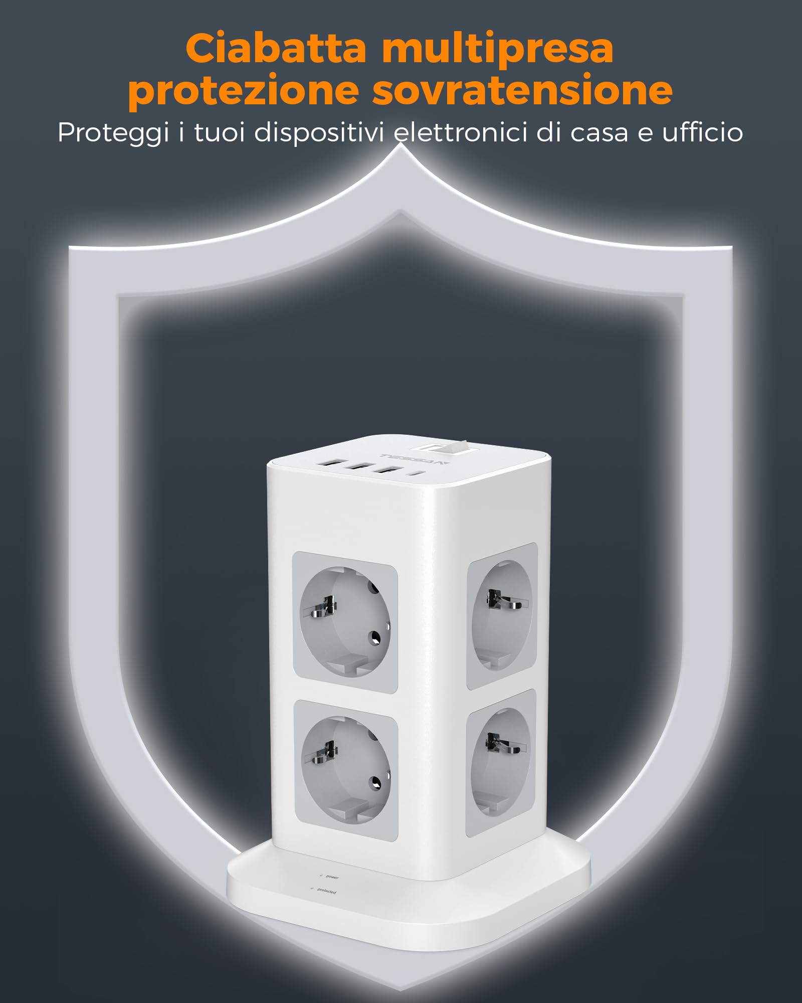 TESSAN Ciabatta Multipresa con 4 USB, Multi presa Elettrica 10 Metri, Presa Protezione Sovratensione con Interruttore