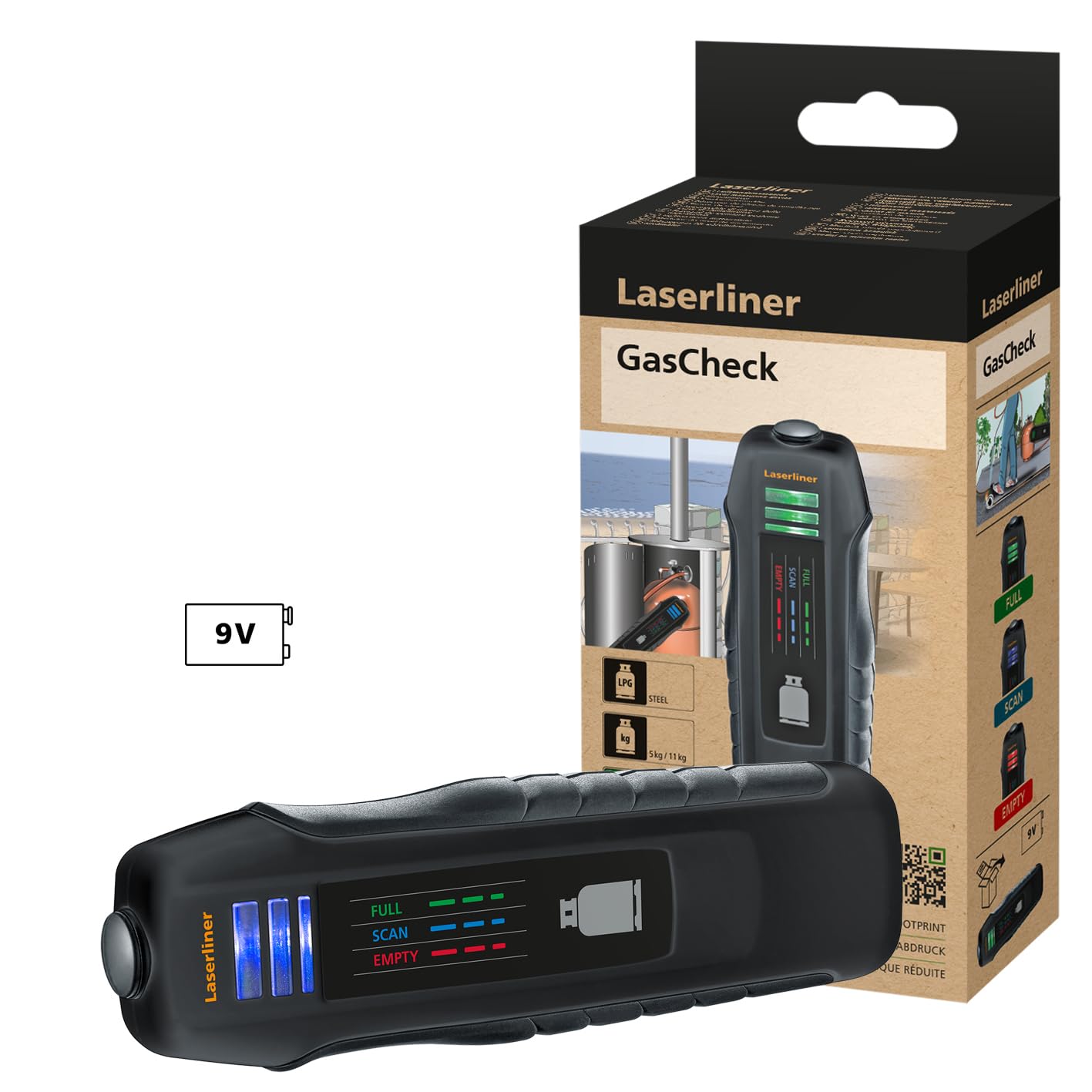 Laserliner Misuratore per bombole di gas, indicatore di livello, GasCheck, tester di livello del gas per bombole in acciaio GPL da 5 kg e 11 kg, ideale per campeggio, barbecue, riscaldatori radianti