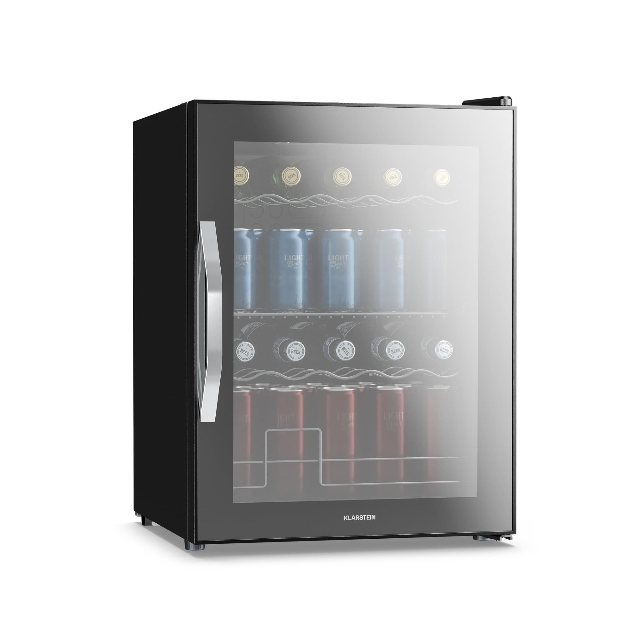 KLARSTEIN Beersafe 60 L Mini Frigo con Porta in Vetro – Frigo Bar per Bevande, Nero | luce LED, ripiani metallici estraibili, silenzioso, frigo per birra, lattine e bottiglie