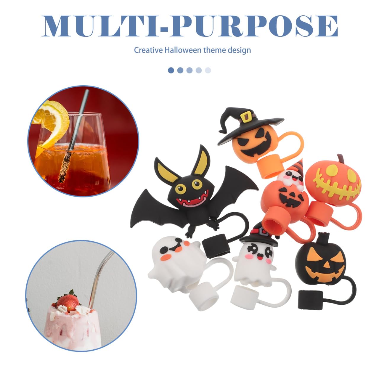 Amosfun 7 Stück Halloween-Silikon-Trinkhalm-Abdeckkappen, wiederverwendbar, staubdicht, Trinkhalm-Protektoren mit Fledermaus-Kürbis-Geister-Schädel-Designs für Party-Getränke-Dekoration
