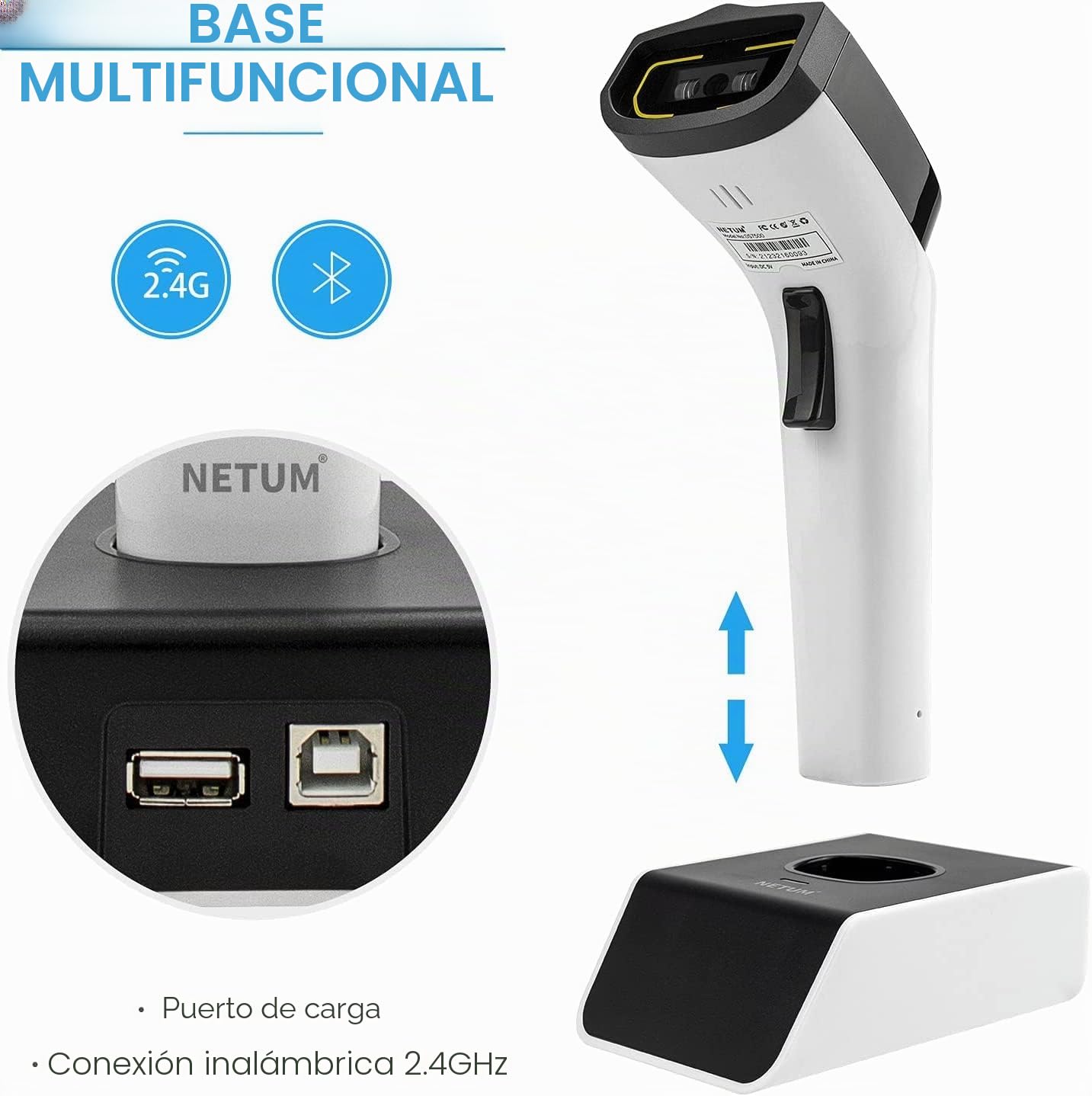 NETUM Escáner de código de Barras CCD inalámbrico 1D Bluetooth automático, con Soporte y Memoria incorporada, Funciona con Mac OS, Windows, iOS, Android, transfiere hasta 50 metros-DS5000