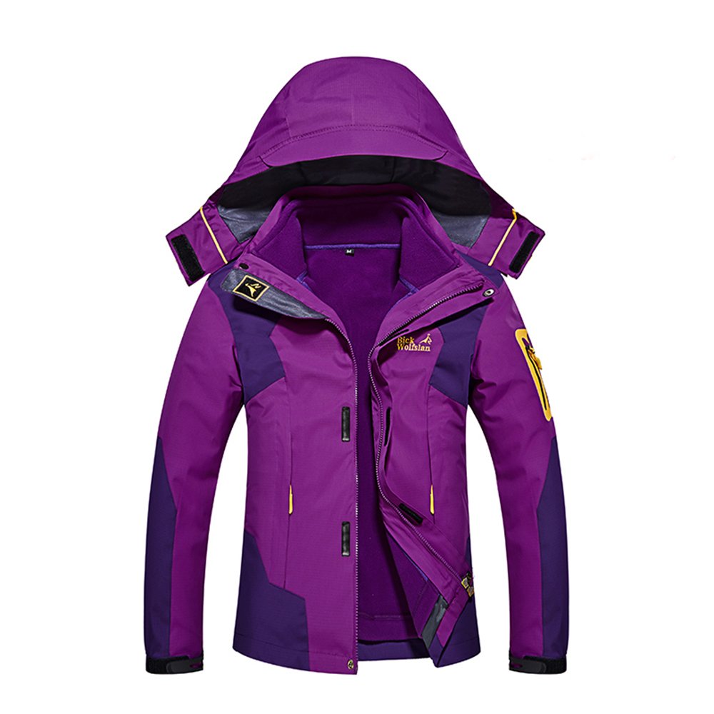 Windproof Womens Snow Ski Jacket Winter Snowboard Waterproof Rain Skiing Jackets for Adults Hooded 3-in-1 Breathable Outdoor Hiking Coat Water Resistant Mountain Fleece Outwear Purple Medium Size