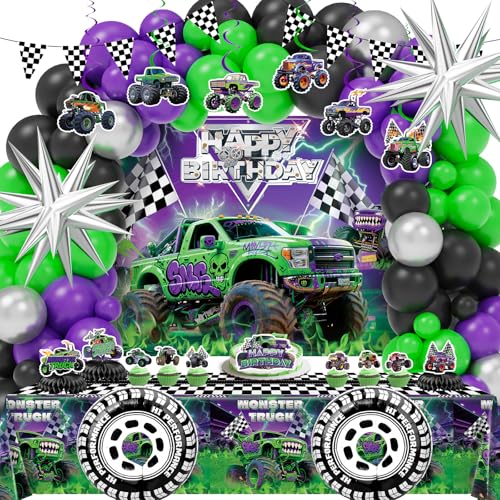Monster Truck Birthday Party Decorations Set with Purple and Green Black Balloon Garland Arch Kit with Star & Wheels Checkered Balloons Backdrop Tablecloth Grave Digger Party Supplies