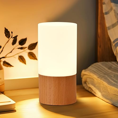 Lámpara de mesa de madera LED pequeña, luz de noche de noche para dormitorio, iluminación LED regulable, decoración creativa para el hogar, casa