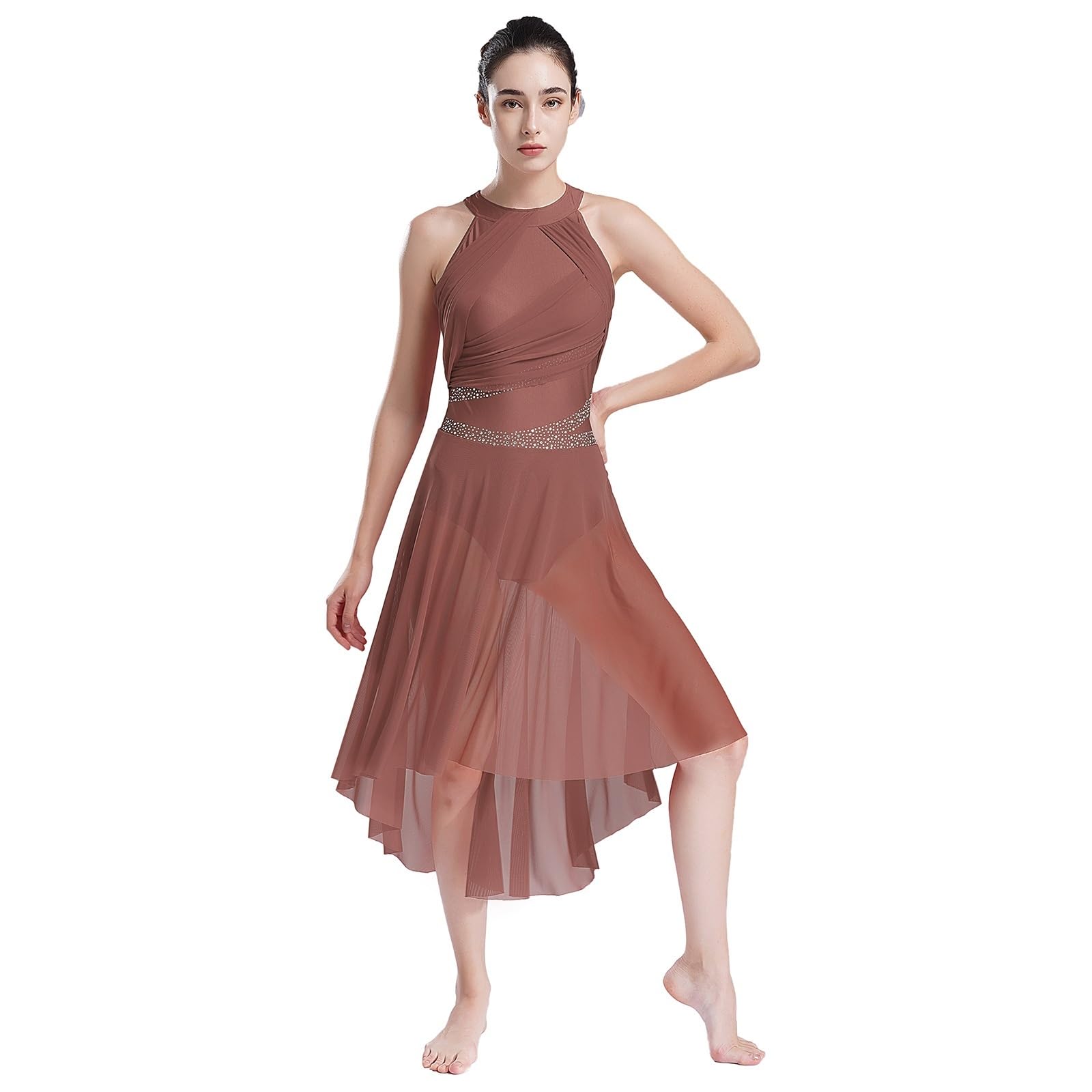 Kostüme für Lyrischen Tanz Ballett Lyrical Zeitgenössisches Tanzkleid Neckholder Mesh Gymnastik Trikot Strass gerüscht Performance Kostüm Damen
