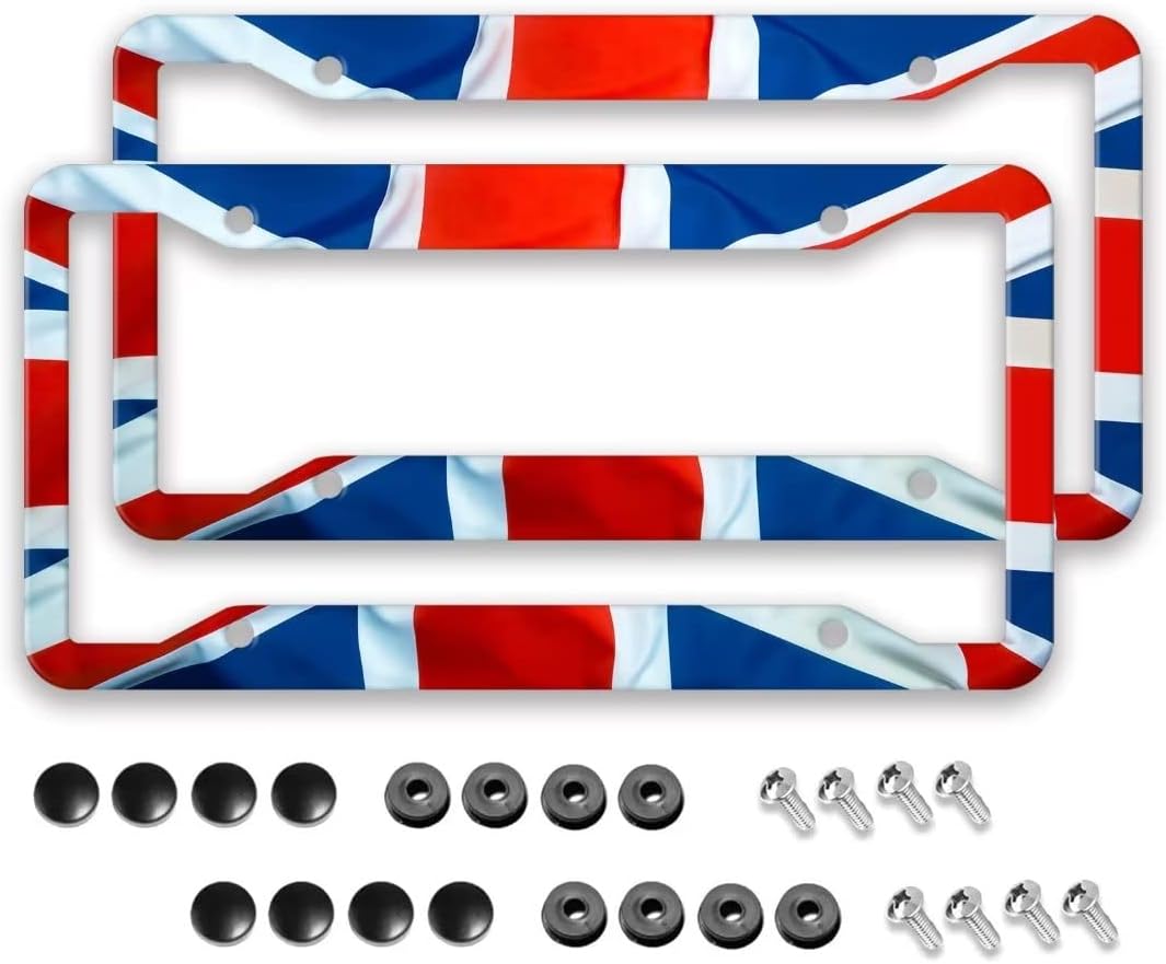 British Flag License Plate Frame - 2 Pcs Personalized Union Jack UK United Kingdom Flag License Plate Holder Quality Aluminum Metal License Plates for U.S. Canada 4 Hole Auto Car Tag with 8 Screws