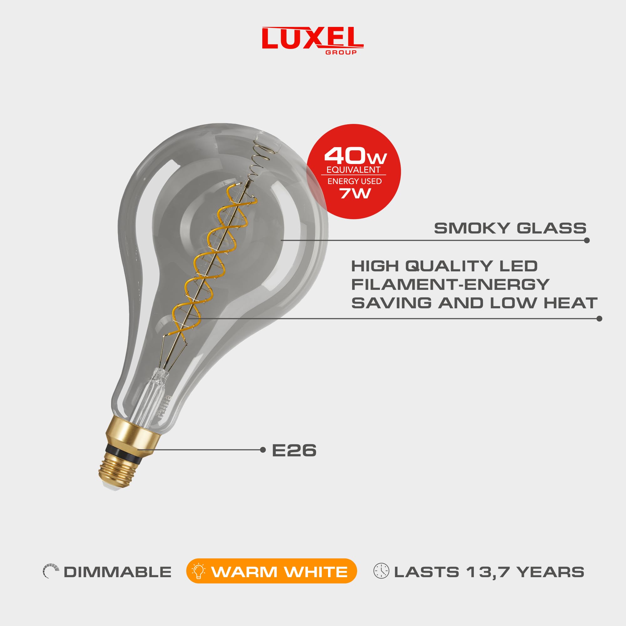 Übergroße Edison-LED-Leuchtmittel, Vintage-Stil, PS52 (PS160), 7 W, entspricht 40 W, dimmbar, 2200 K, warmes Leuchten, 400 Lumen, E26-Sockel, große Glühfaden, dekorative Glühbirnen, 360°